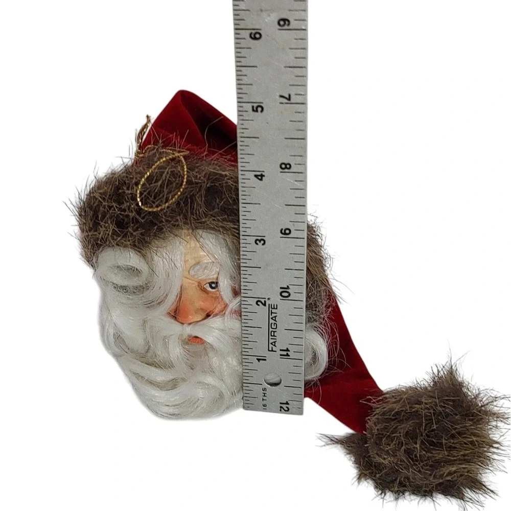 Vintage Santa Claus Head Ornament with Lush Beard Long Velvet Hat Faux Fur Hangs